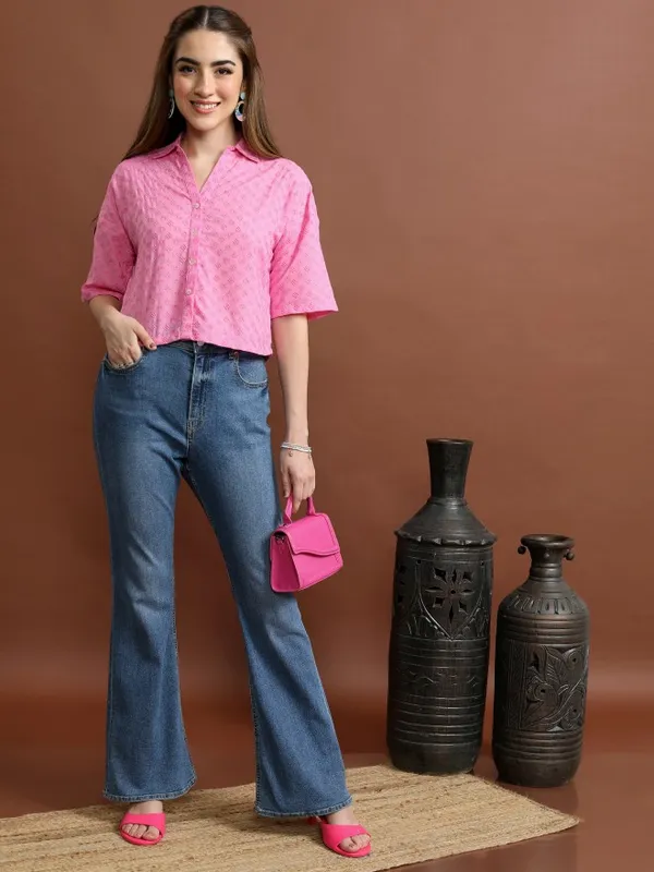 Vishudh Women Pink Self Design Casual Shirt