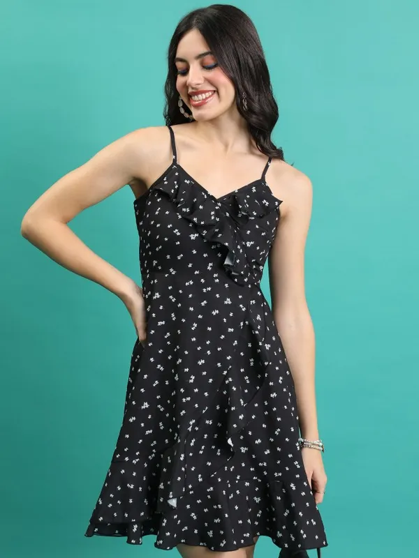 Tokyo Talkies Women Black Printed Wrap Dress