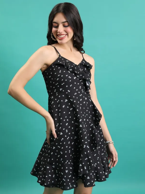 Tokyo Talkies Women Black Printed Wrap Dress