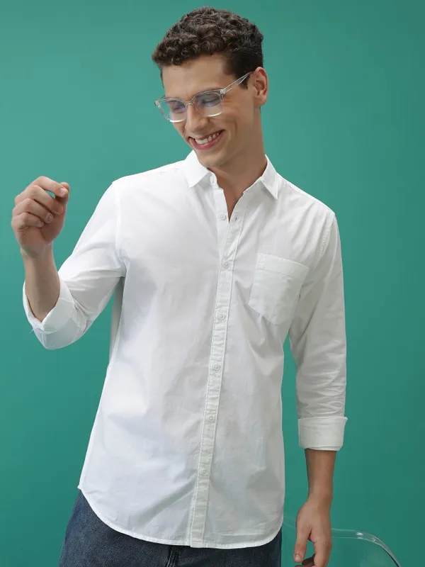  Ketch Men White Solid Slim Fit Casual Shirts