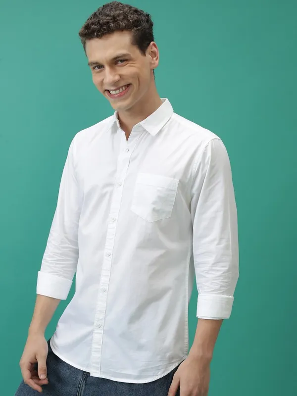  Ketch Men White Solid Slim Fit Casual Shirts
