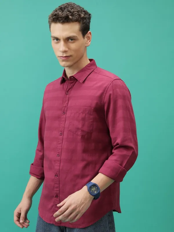  Ketch Men Red Striped Slim Fit Casual Shirts