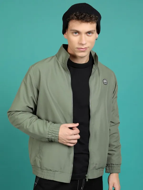  Highlander Men Olive Solid Bomber Jackets