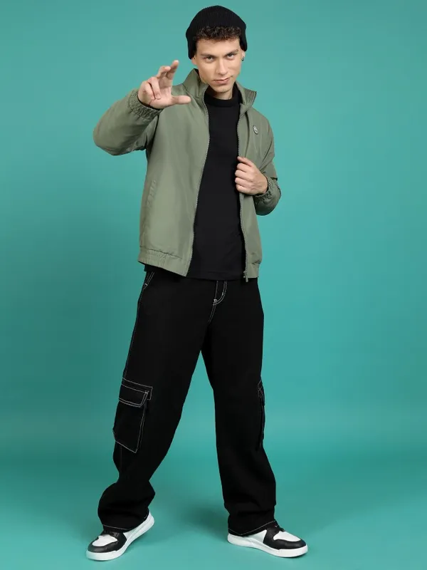  Highlander Men Olive Solid Bomber Jackets