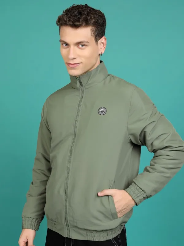  Highlander Men Olive Solid Bomber Jackets