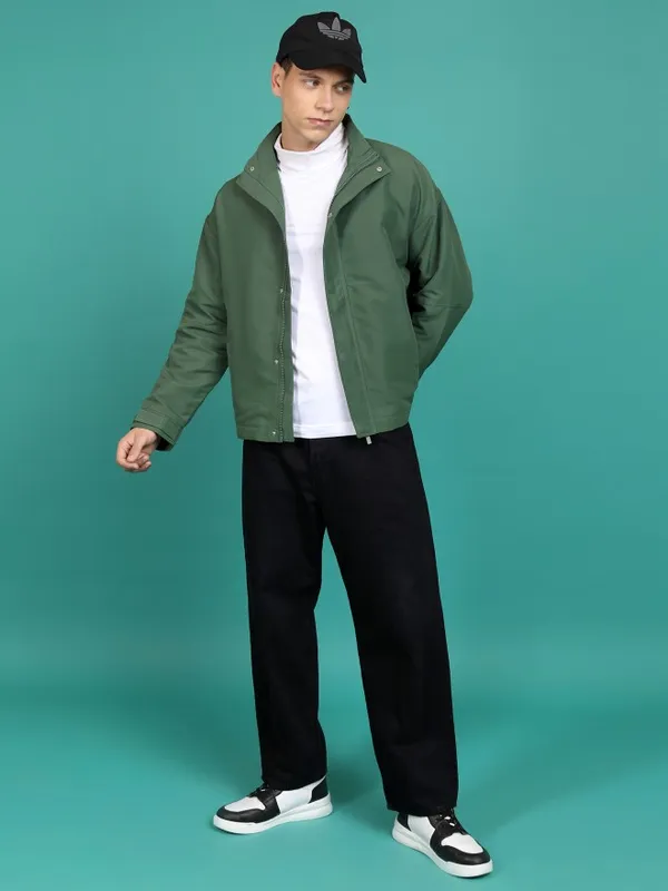  Highlander Men Olive Solid Bomber Jackets
