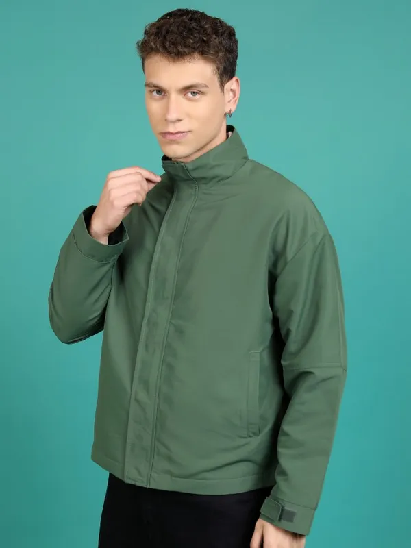  Highlander Men Olive Solid Bomber Jackets
