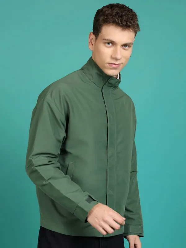  Highlander Men Olive Solid Bomber Jackets