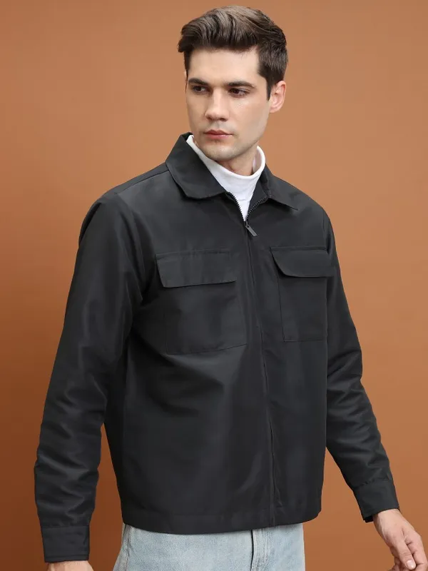  Highlander Men Black Solid Open Front Jacket Jackets