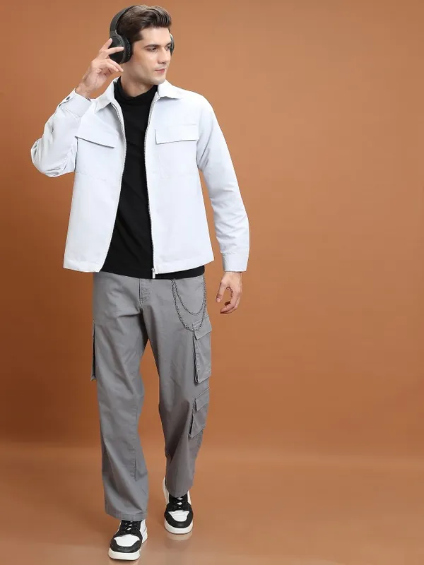  Highlander Men Grey Solid Open Front Jacket Jackets
