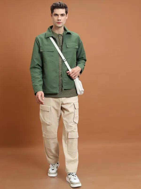Highlander Men Olive Solid Open Front Jacket