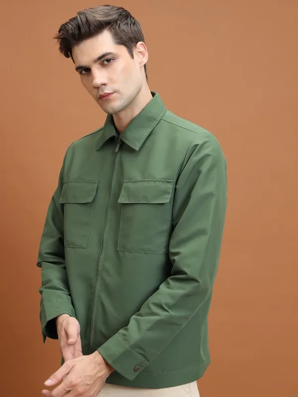 Highlander Men Olive Solid Open Front Jacket