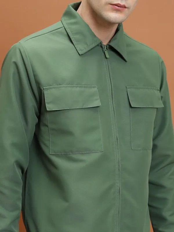 Highlander Men Olive Solid Open Front Jacket