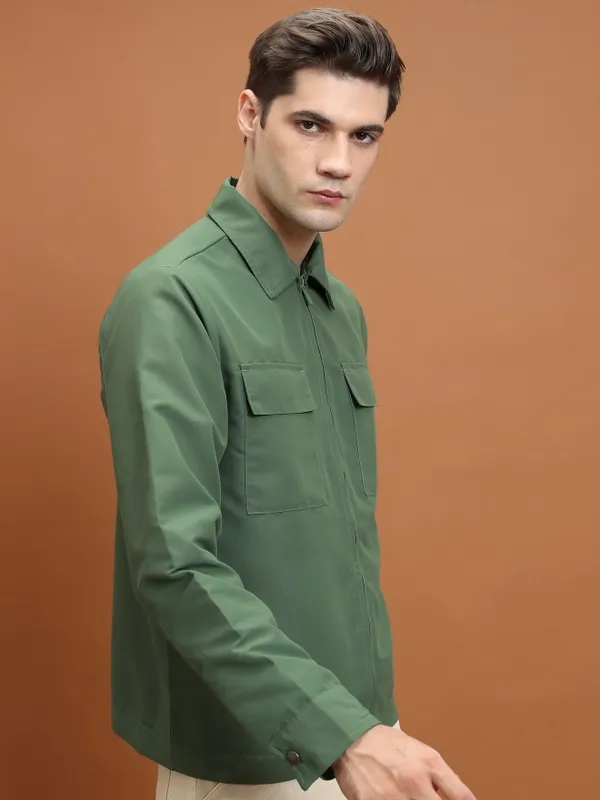 Highlander Men Olive Solid Open Front Jacket