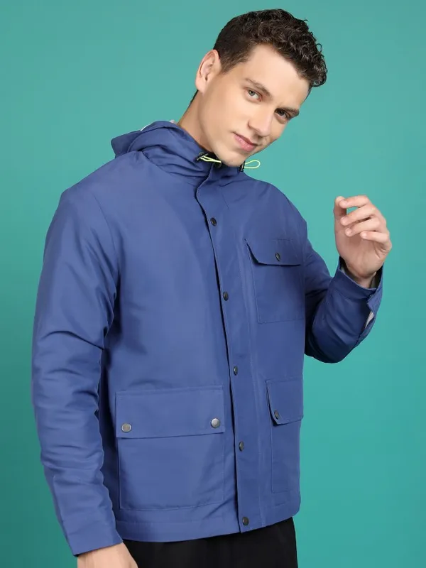 Highlander Men Blue Solid Open Front Jacket