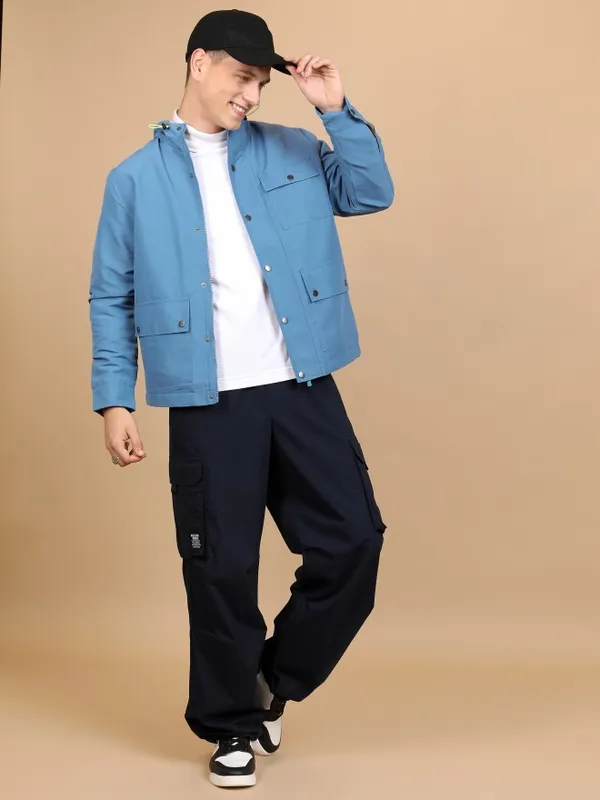 Highlander Men Blue Solid Open Front Jacket