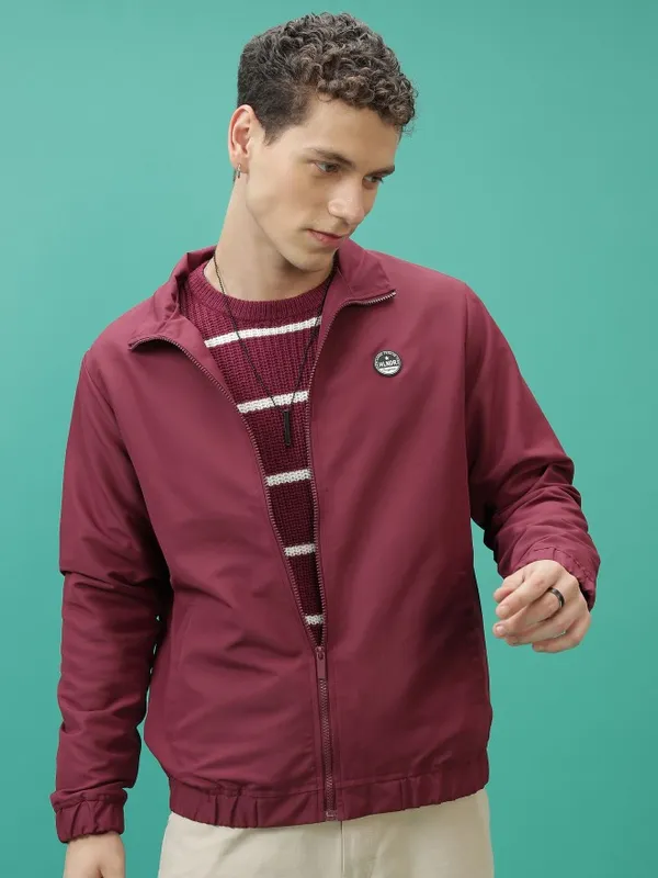  Highlander Men Maroon Solid Bomber Jackets