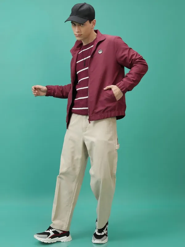  Highlander Men Maroon Solid Bomber Jackets