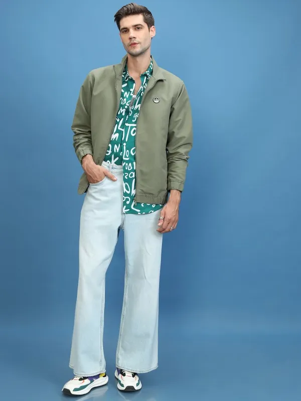  Highlander Men Olive Solid Bomber Jackets