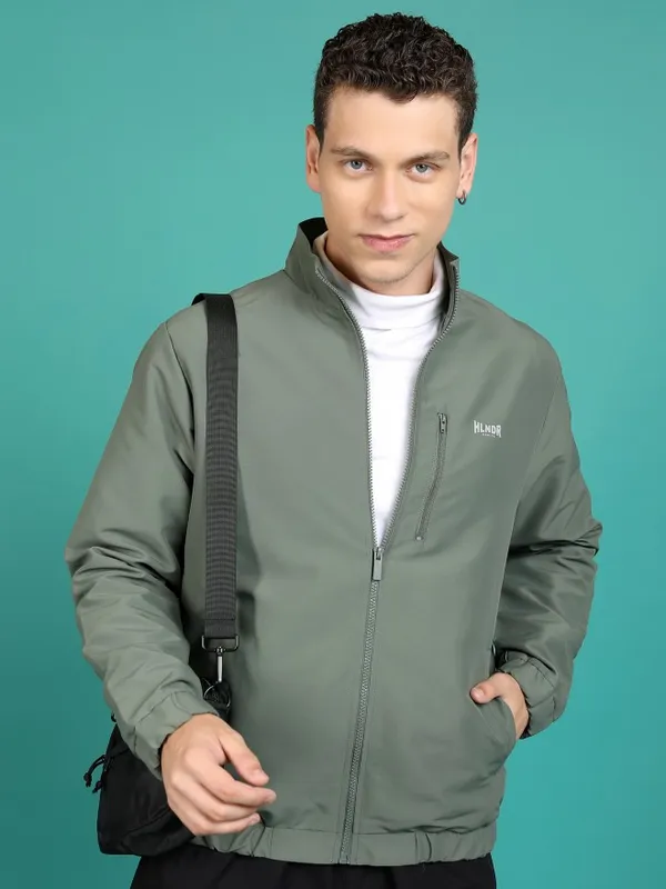  Highlander Men Olive Solid Bomber Jackets