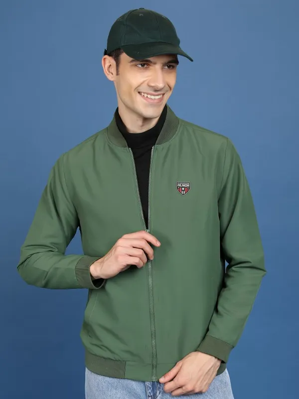  Highlander Men Olive Solid Bomber Jackets