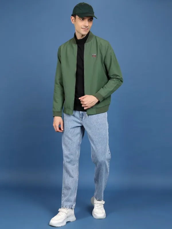  Highlander Men Olive Solid Bomber Jackets