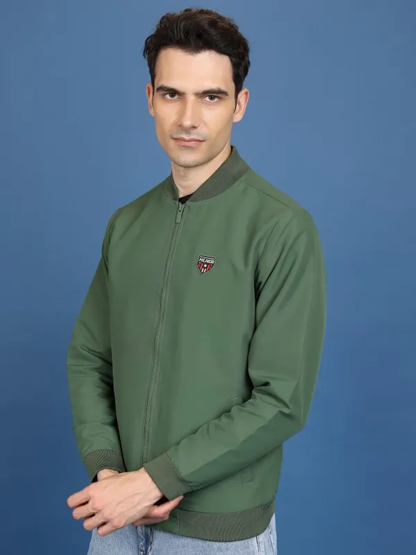  Highlander Men Olive Solid Bomber Jackets