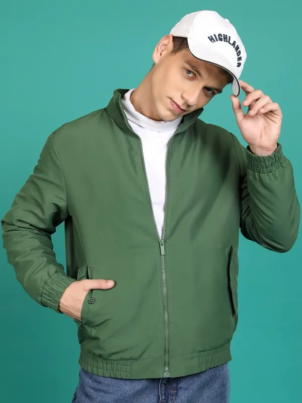 Ketch Men Olive Solid Bomber Jacket