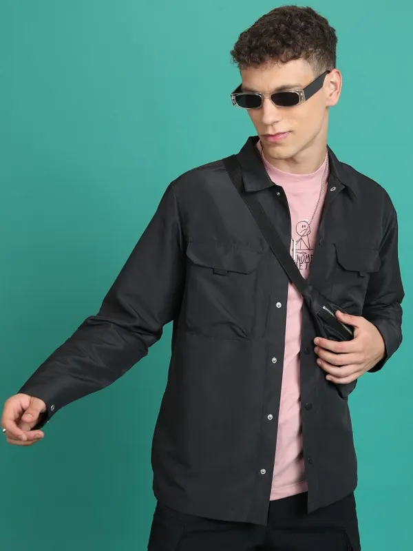 Ketch Men Black Solid Open Front Jacket