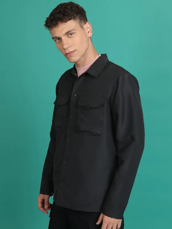Ketch Men Black Solid Open Front Jacket