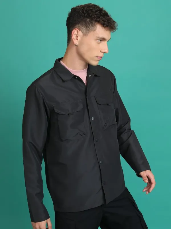 Ketch Men Black Solid Open Front Jacket