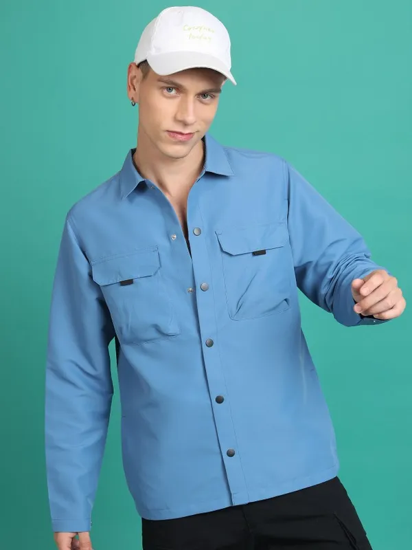 Ketch Men Blue Solid Open Front Jacket