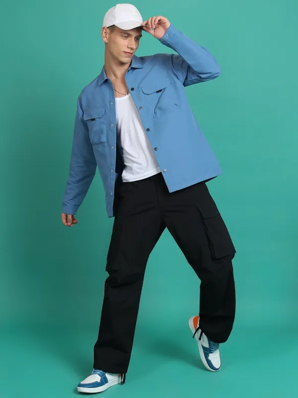 Ketch Men Blue Solid Open Front Jacket