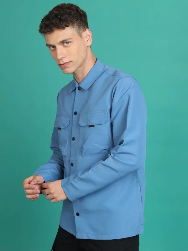Ketch Men Blue Solid Open Front Jacket