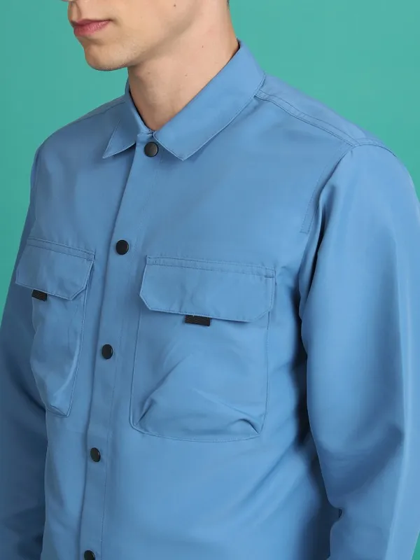 Ketch Men Blue Solid Open Front Jacket