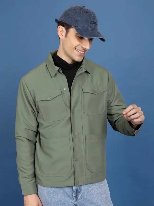 Ketch Men Olive Solid Open Front Jacket