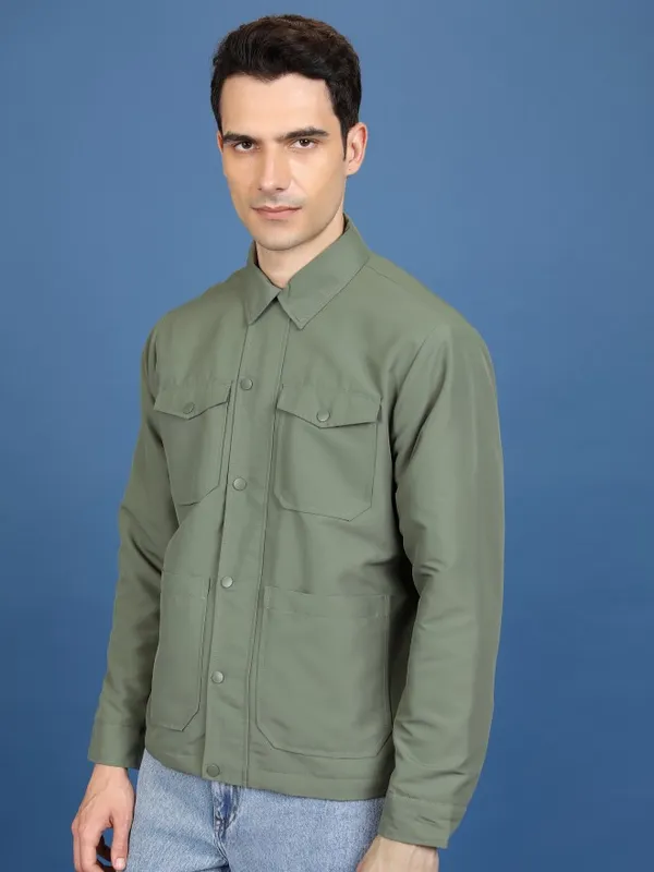 Ketch Men Olive Solid Open Front Jacket