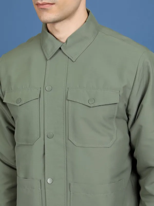 Ketch Men Olive Solid Open Front Jacket