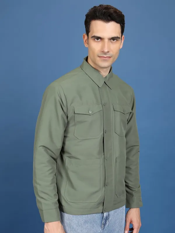 Ketch Men Olive Solid Open Front Jacket