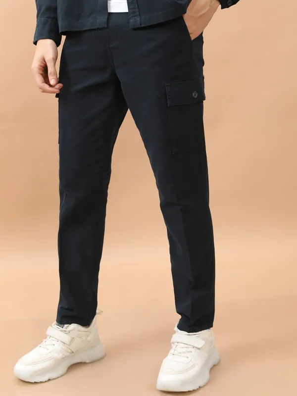  Highlander Men Navy Blue Regular Fit Solid Casual Trousers