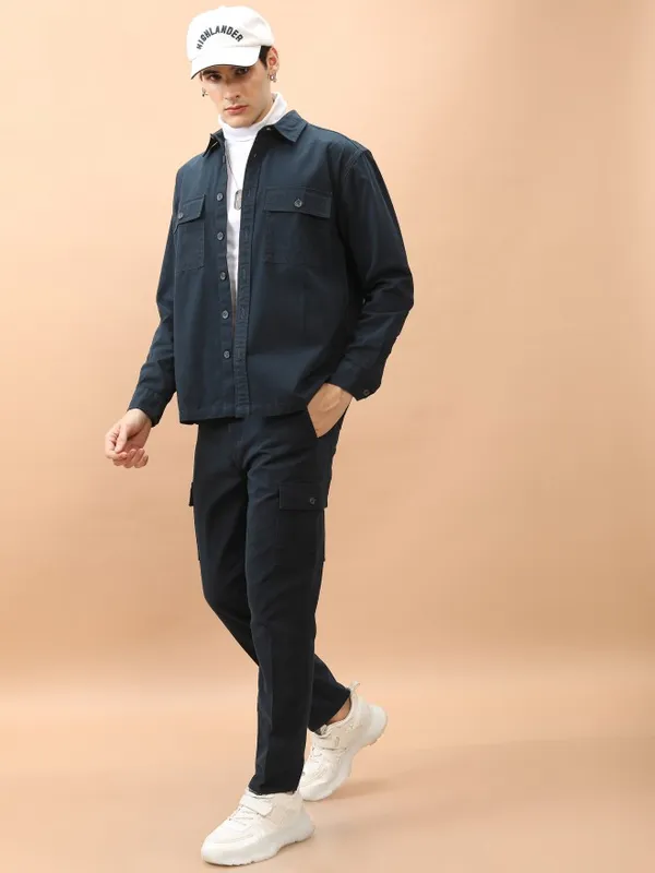  Highlander Men Navy Blue Regular Fit Solid Casual Trousers