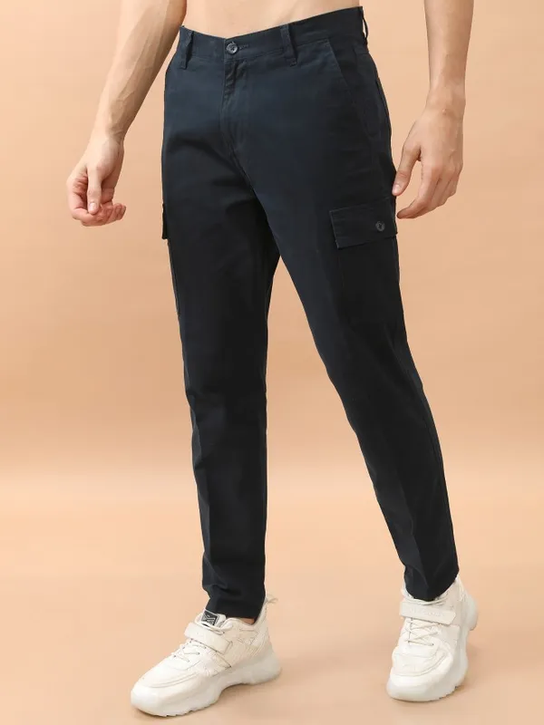 Highlander Men Navy Blue Regular Fit Solid Casual Trousers