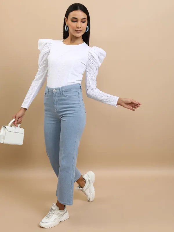 Tokyo Talkies Women White Self Design Regular Top