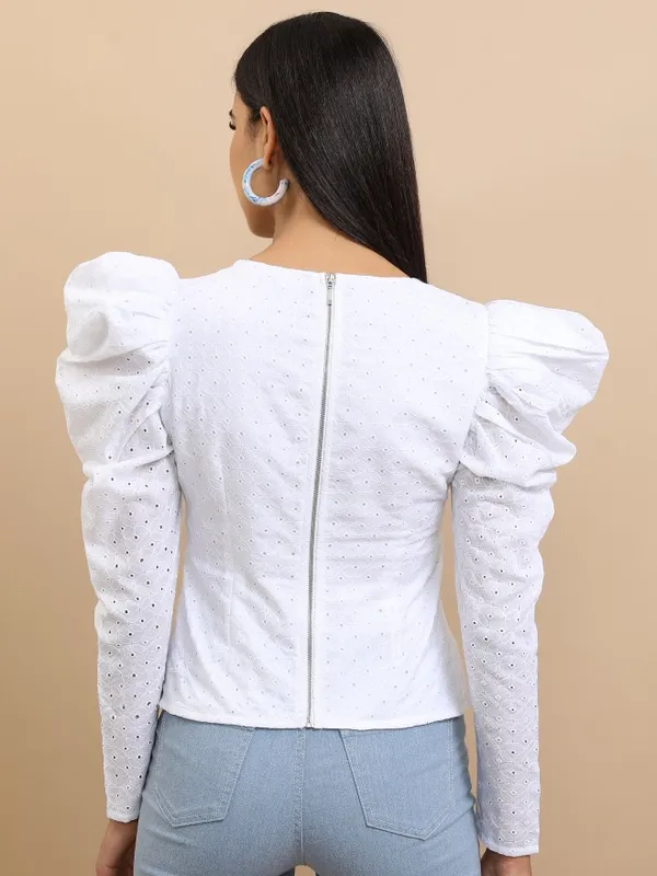 Tokyo Talkies Women White Self Design Regular Top