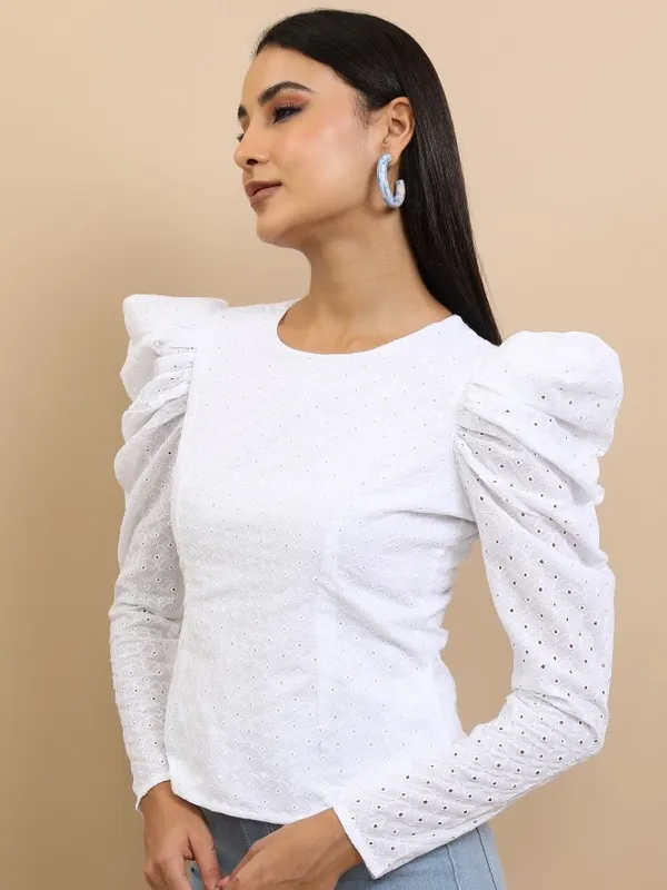 Tokyo Talkies Women White Self Design Regular Top