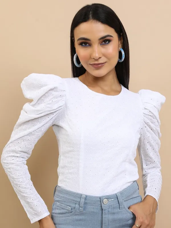 Tokyo Talkies Women White Self Design Regular Top