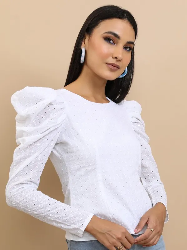 Tokyo Talkies Women White Self Design Regular Top