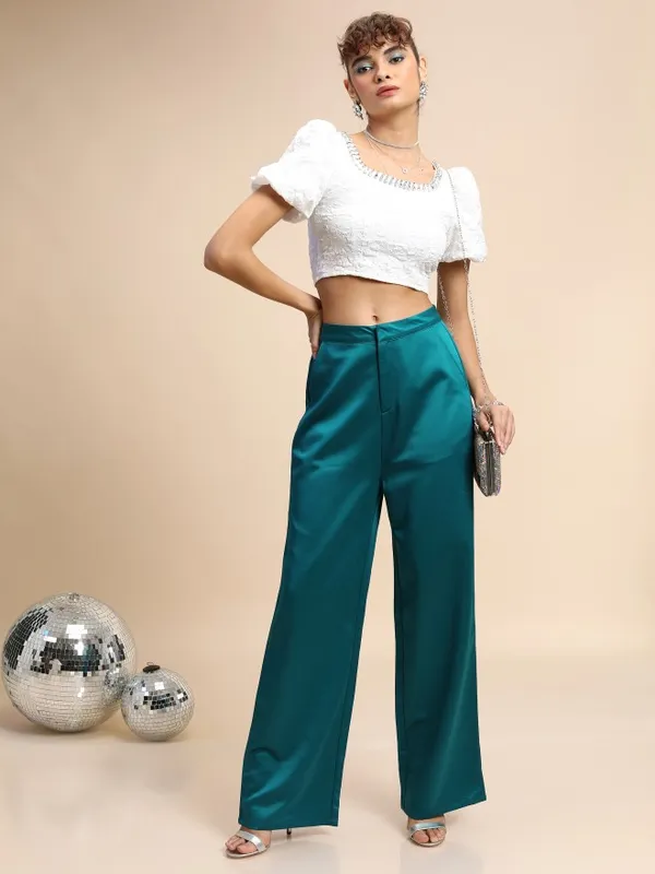  Tokyo Talkies Women Teal Solid Regular Fit Casual Trousers