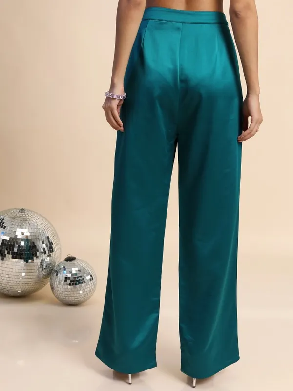  Tokyo Talkies Women Teal Solid Regular Fit Casual Trousers