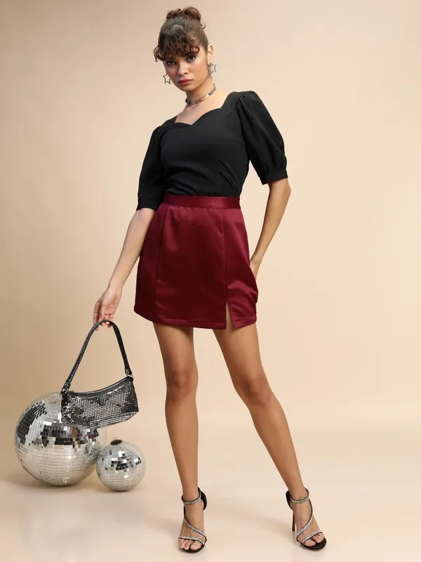 Tokyo Talkies Women Maroon Mini Skirt